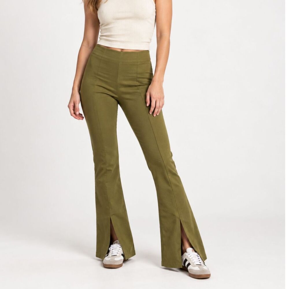 Free People Real Deal Slit Flare Pants Olive Green High Rise 70's Retro Boho